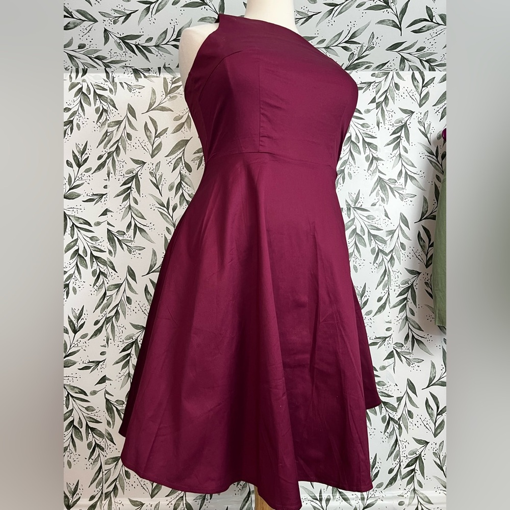 Cotton Retro Vintage Style Midi Dress Size XL Burgundy Elegant Classic Chic #9